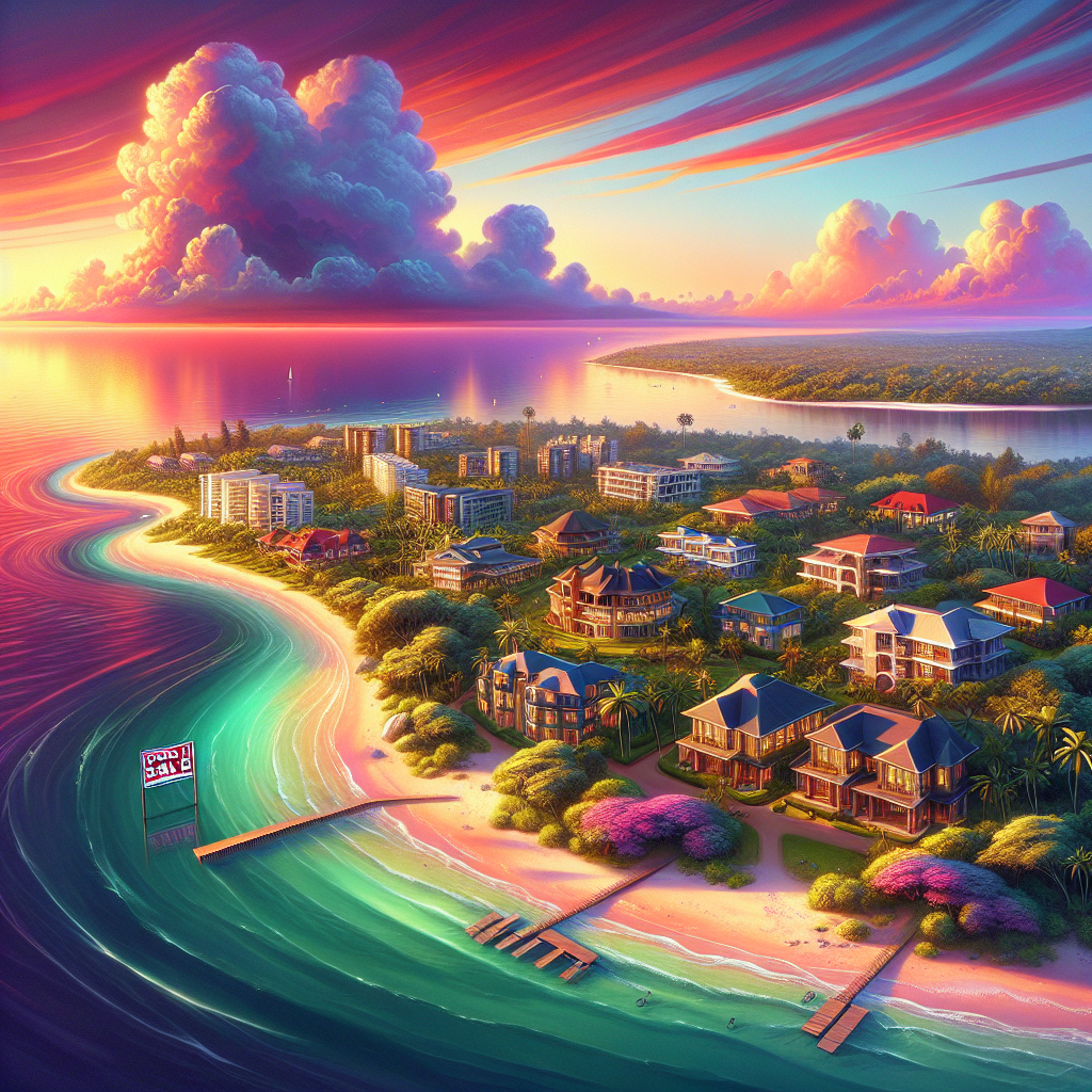 Tropical beachfront resort at sunset with colorful clouds and calm ocean waves along the Kenyan coast.