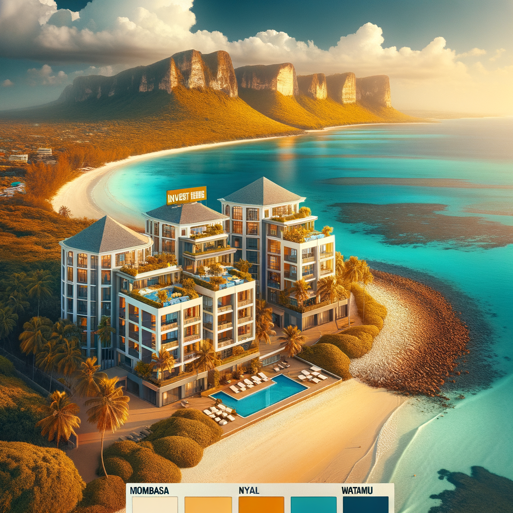 Luxury beachfront resort with modern buildings overlooking turquoise ocean and rocky cliffs on the Kenyan coast.