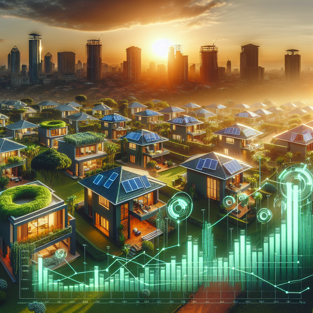 Smart sustainable neighborhood with solar-powered homes and digital data analytics at sunset.