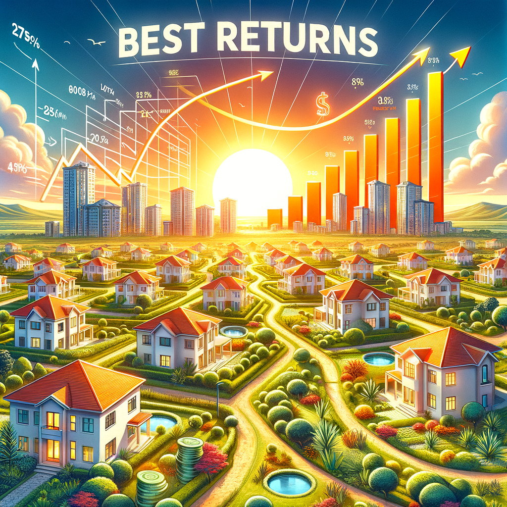 Suburban homes and city skyscrapers with rising financial graphs illustrating best returns on real estate investment.