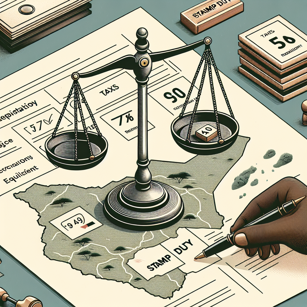 Illustration of a legal scale balancing tax and stamp duty documents with a hand signing papers.